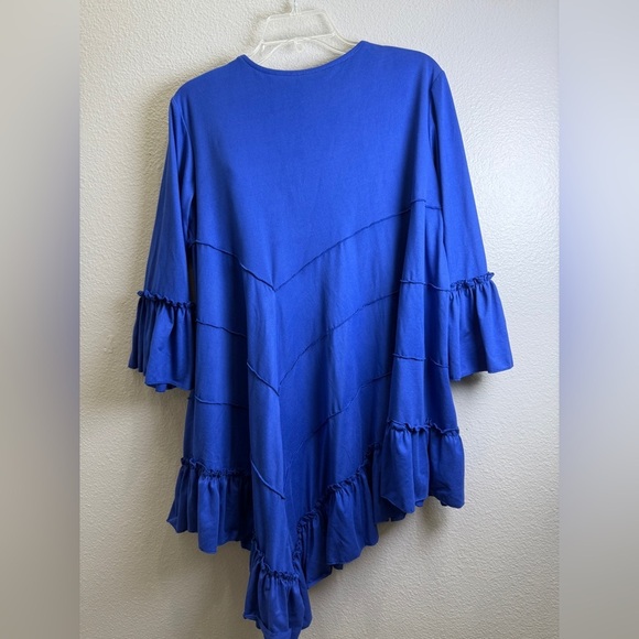 Womens Ruffle Shirt Size XL Blue Ruffled Tunic Top Flower Asymmetrical Blouse - Picture 4 of 4
